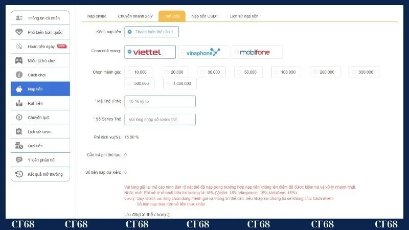 Chi tiết các bước nạp tiền tại Cf68