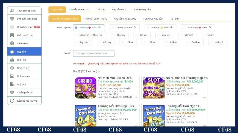 Nạp tiền, rút tiền Cf68 cần lưu ý gì?